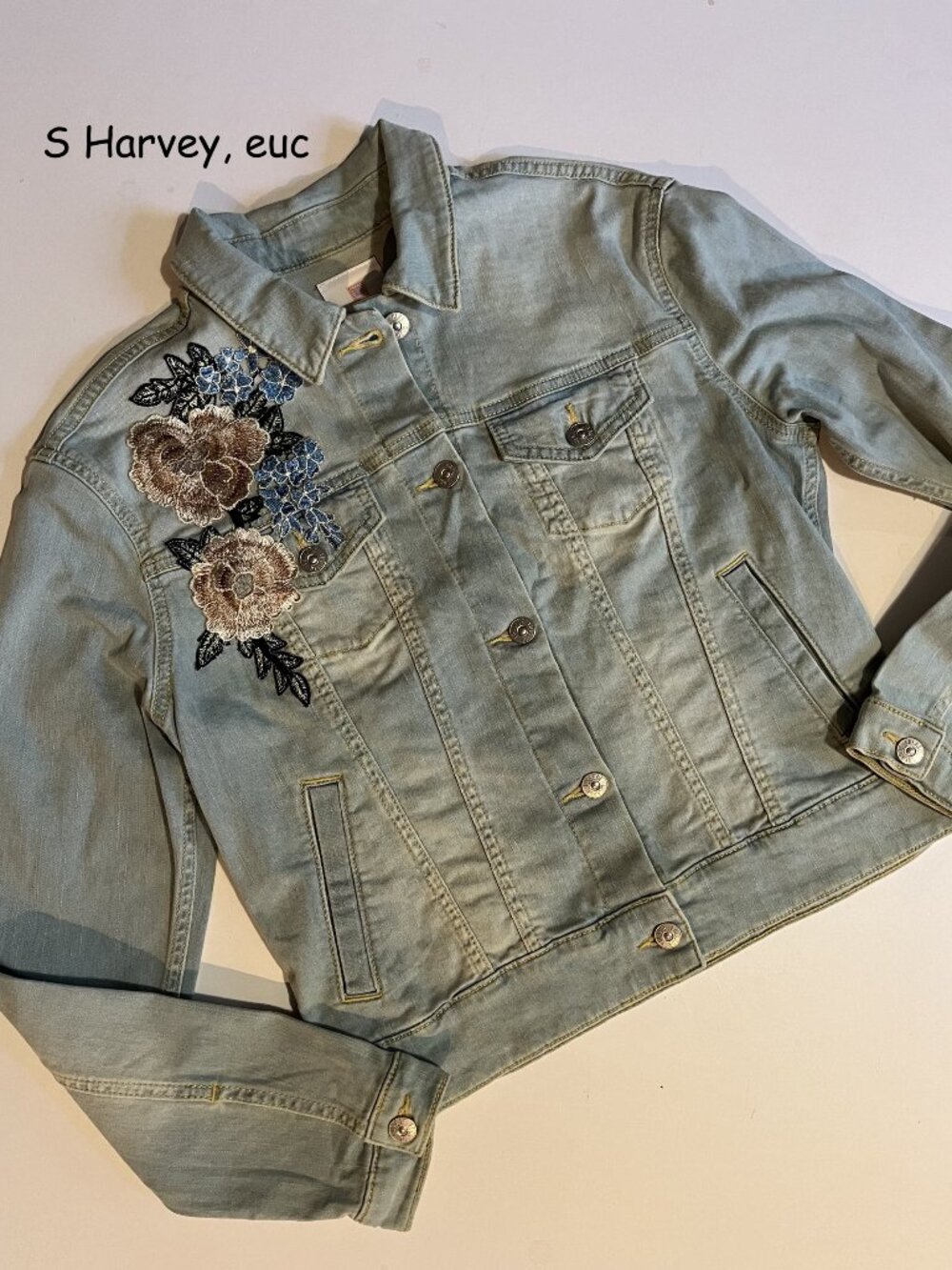 Small Lularoe Harvey jean jacket, light blue with tan embroidered roses